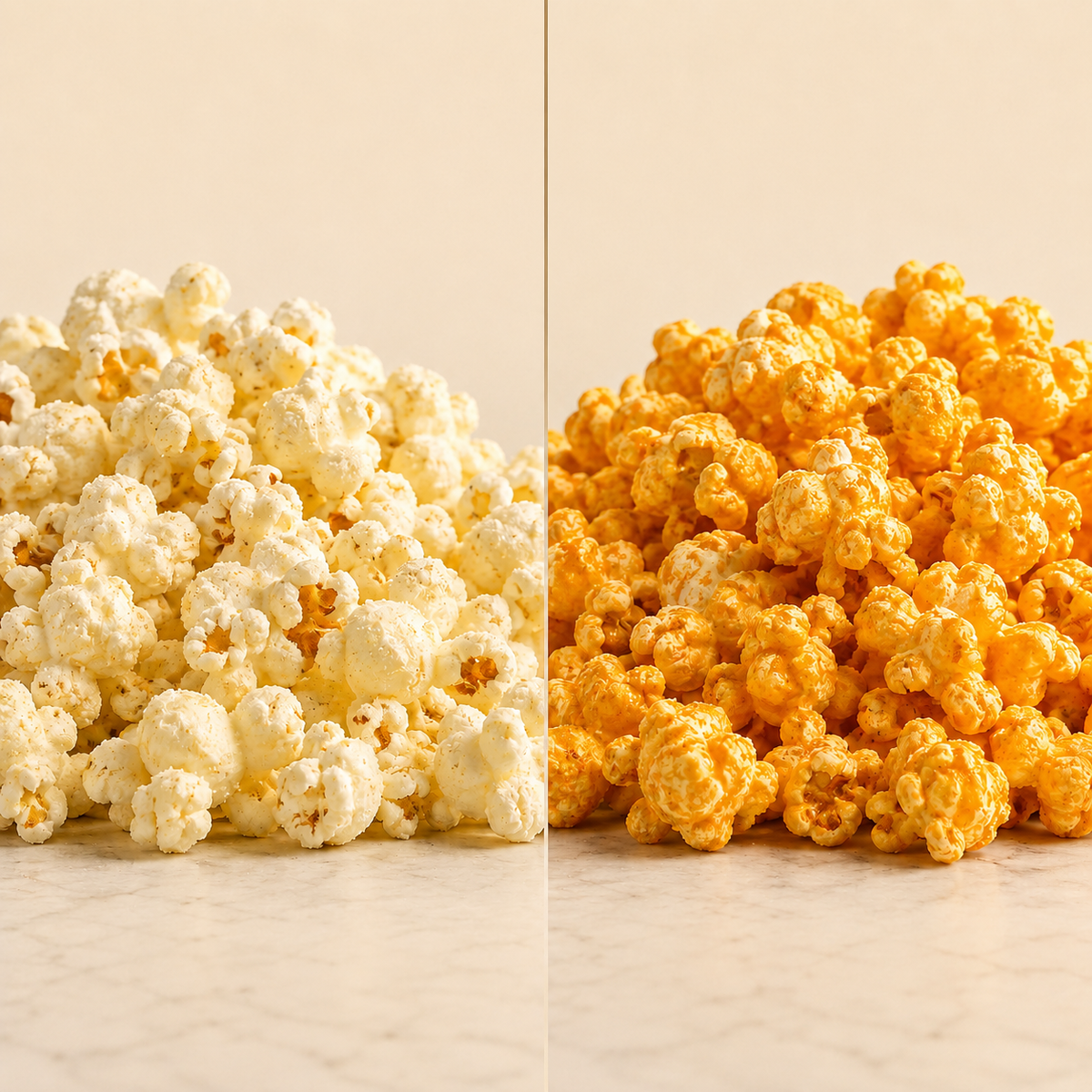 Two piles of popcorn on a light marble surface against a warm beige background, one plain white popcorn and one golden yellow cheese-style popcorn.
