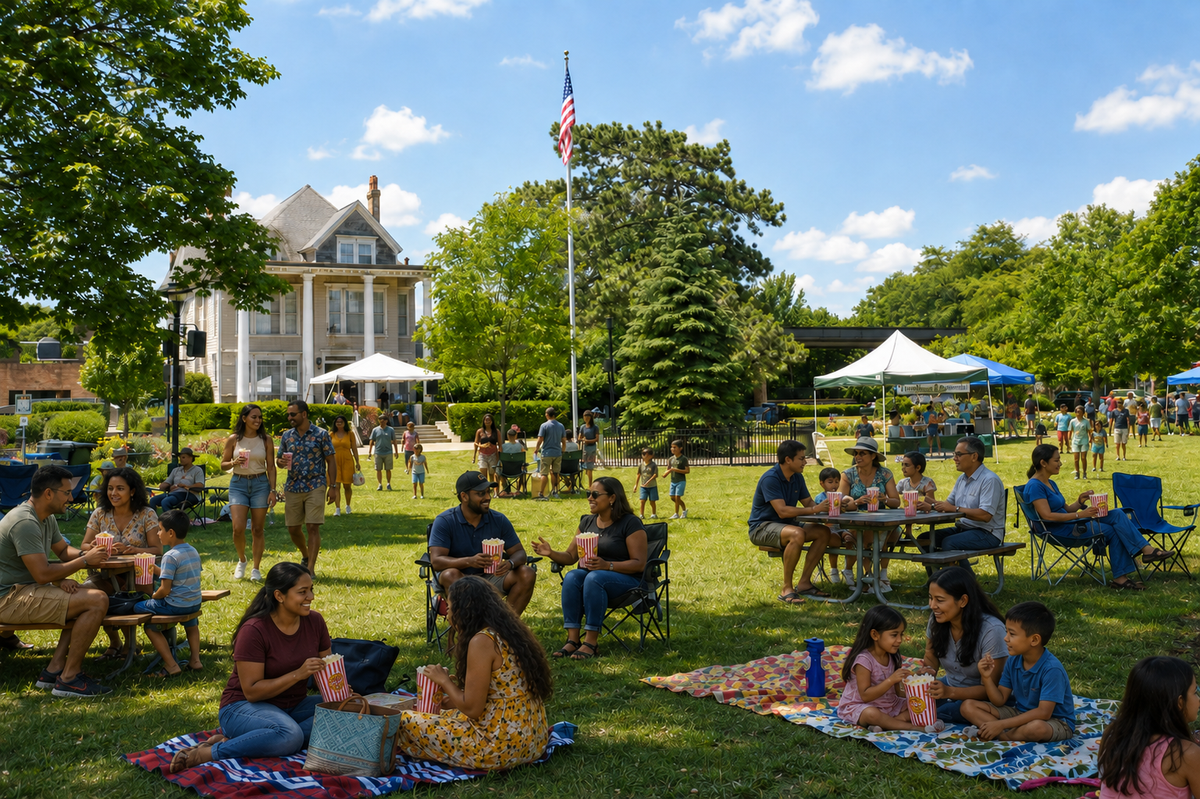 A sunny park in Libertyville, IL with people picnicking and snacking on Scoops and Kettle Popcorn.