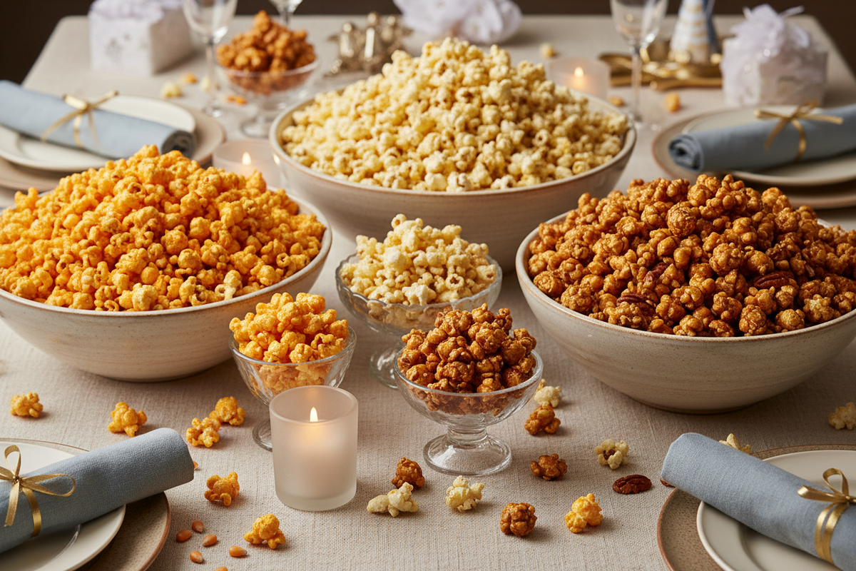 A styled tabletop spread of assorted popcorn in large beige bowls and small glass bowls, set with plates, napkins, candles, and wrapped treats on a beige tablecloth.