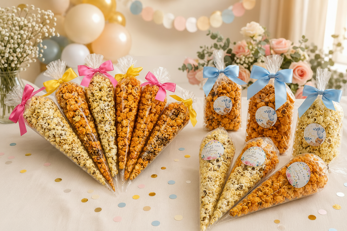 A set of gourmet popcorn bags arranged on a decorated table. The bags are filled with mixed popcorn and topped with colorful ribbon bows in pink, yellow, blue, and white.