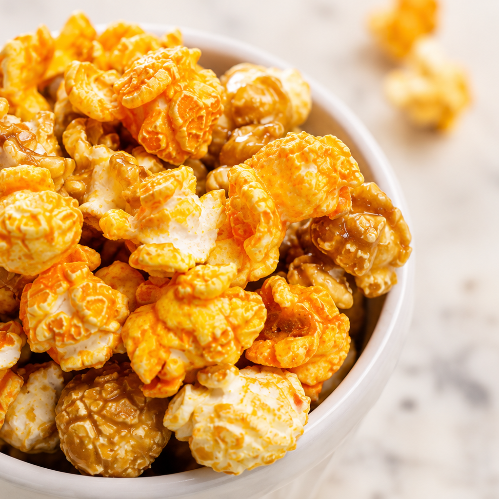 Caramel popcorn in a white bowl on a light marble surface with a few popcorn kernels scattered around.