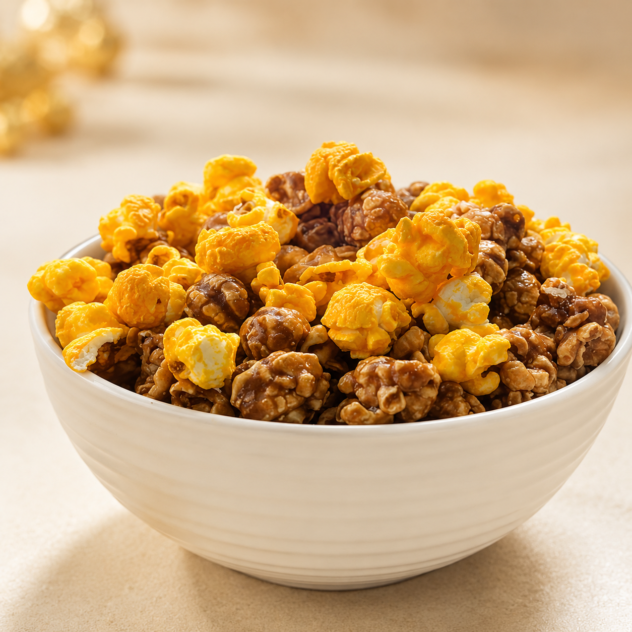 A white ceramic bowl filled with a mix of yellow caramel popcorn and brown caramel popcorn, set against a warm beige background.