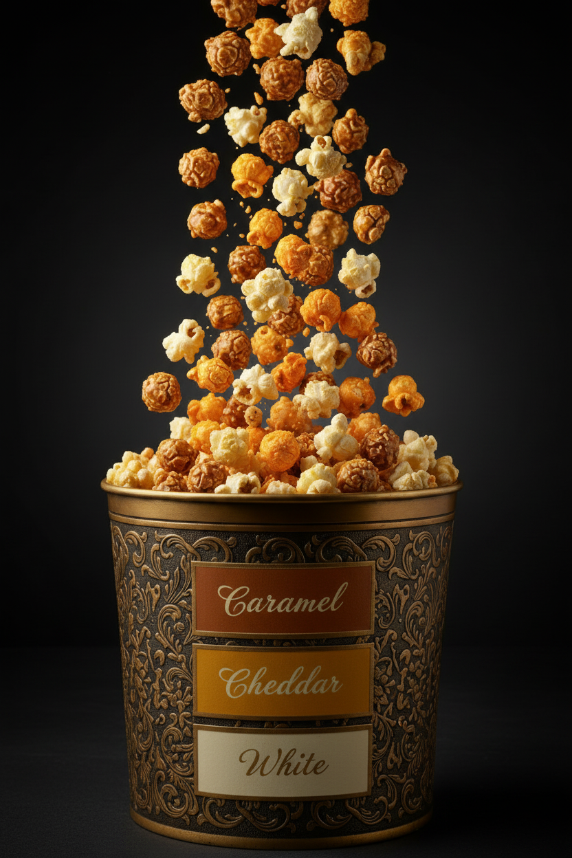 A decorative gold-toned bowl filled with popping popcorn, with more popcorn floating above it against a dark black background.