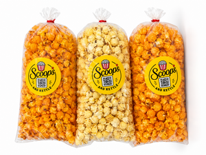 Scoops & Kettle Cheese Lover’s Trio with Cheddar, Jalapeño Cheddar and White Cheddar popcorn