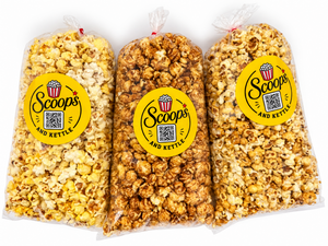 Scoops & Kettle Sweet Tooth Trio featuring three sweet gourmet popcorn flavors