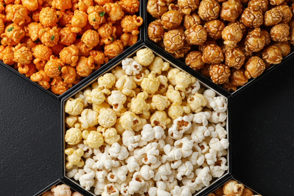 Six black hexagonal trays filled with assorted popcorns arranged in a honeycomb pattern on a dark textured background. The popcorns include orange, caramel-coated, plain white, light beige, and golden-brown varieties.