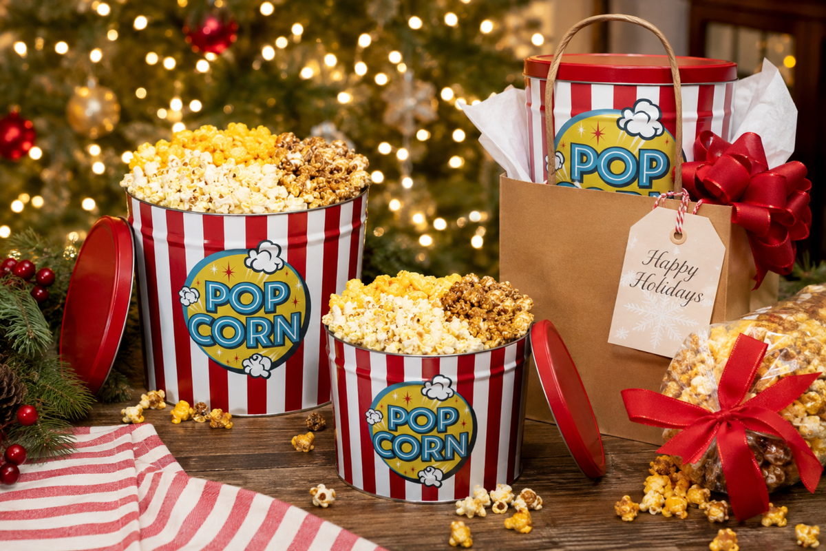 Three red-and-white striped popcorn buckets filled with popcorn are arranged on a wooden table with a blurred Christmas tree in the background. A brown gift bag with a red bow and 'Happy Holidays' tag stands beside them, along with loose popcorn and red-and-white striped napkins.