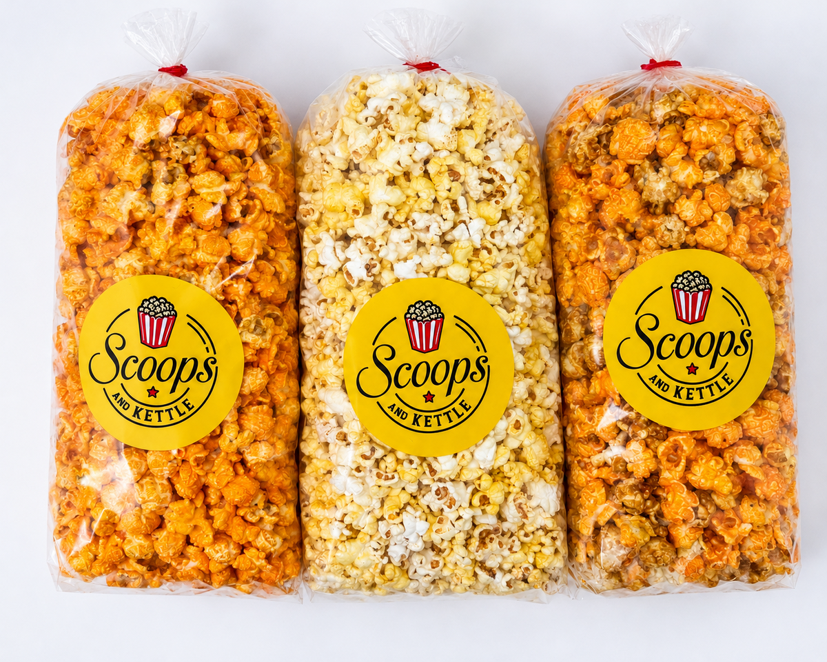 3 scoops and kettle popcorn bags in various flavors
