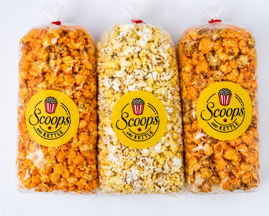 3 scoops and kettle popcorn bags in various flavors
