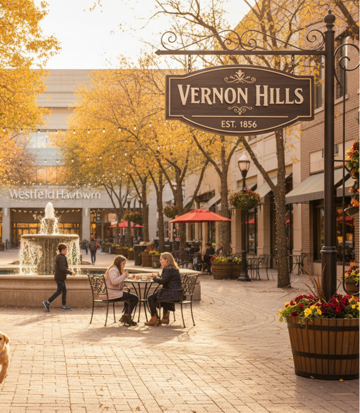 A sunny outdoor shopping plaza scene with two people walking hand in hand with a small dog, surrounded by autumn trees with golden leaves, storefronts, a fountain, and a prominent hanging sign reading Vernon Hills Est. 1864.
